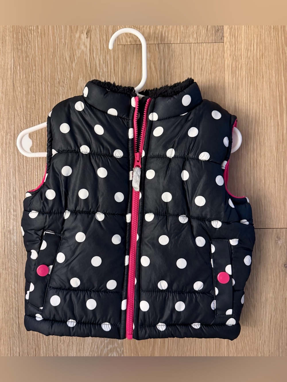 Carter's Girl's Size 12 MonthsBlack Polka Dot Puffer Vest with Pink Trim